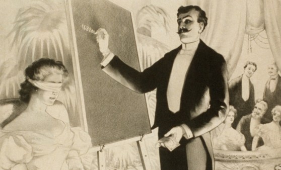 A Victorian stage magician demonstrating mind reading for money