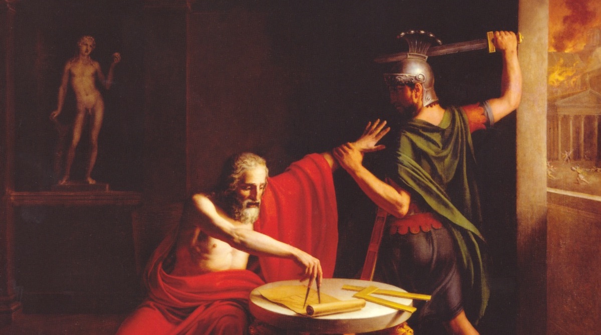 Oil painting ofa roman soldier threatening a mathematician with a sword.