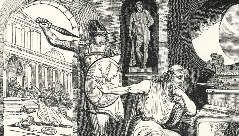 An engraving of a Roman soldier threatening Archimedes with a sword but Archimedes is too busy working