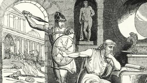 An engraving of a Roman soldier threatening Archimedes with a sword but Archimedes is too busy working