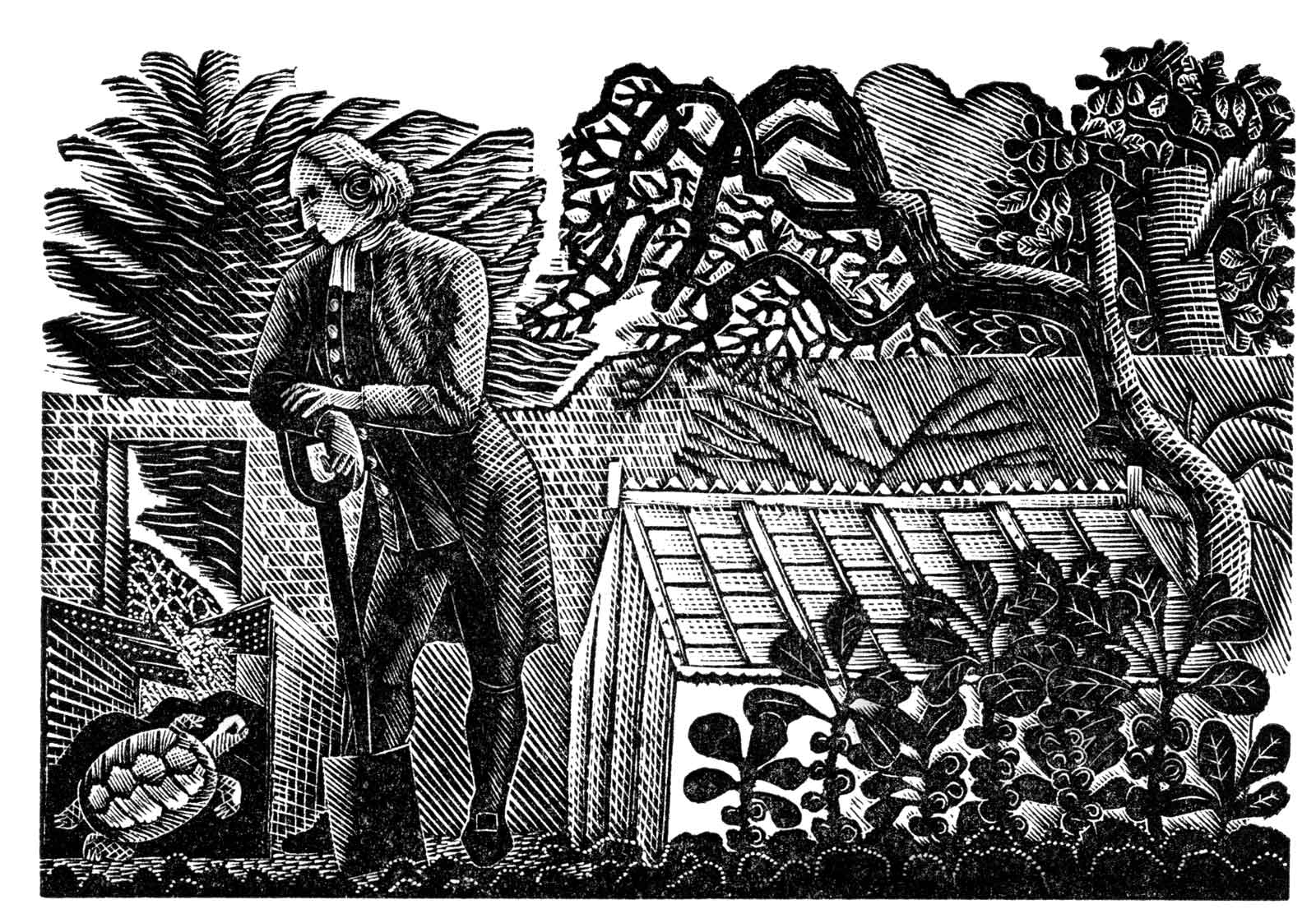 A print by Eric Ravillious of a man with a spade and a tortoise
