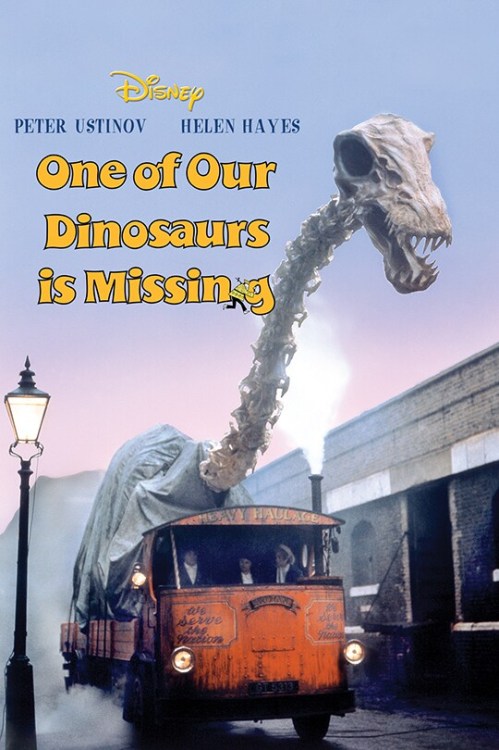 A dinosaur head and neck sticking out of an old fashioned lorry