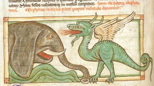 A dragon and an elephant from a medieval text
