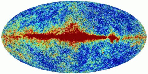 A colour map of the universe with a dense area in the middle
