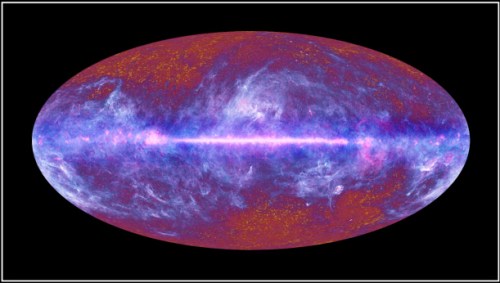 A colourful image of the universe showing that the cosmic microwave background is unevenly distributed
