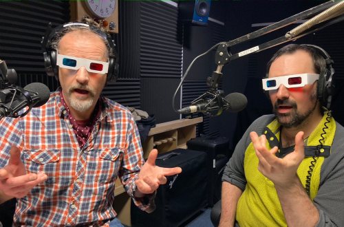 Two guys in a radio studio wearing 3-d glasses