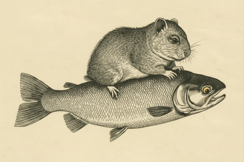 A hamster riding on a doubtful-looking salmon